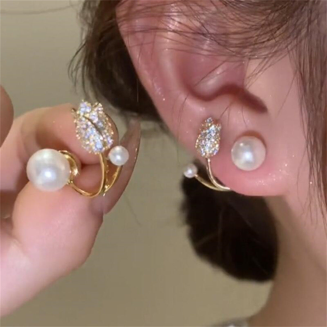 Diamond Tulip Pearl Earrings