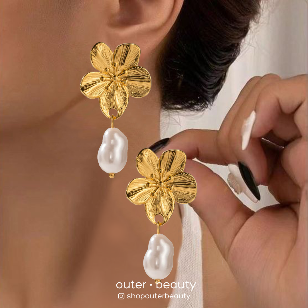 Gold Flower and Drop Pearl