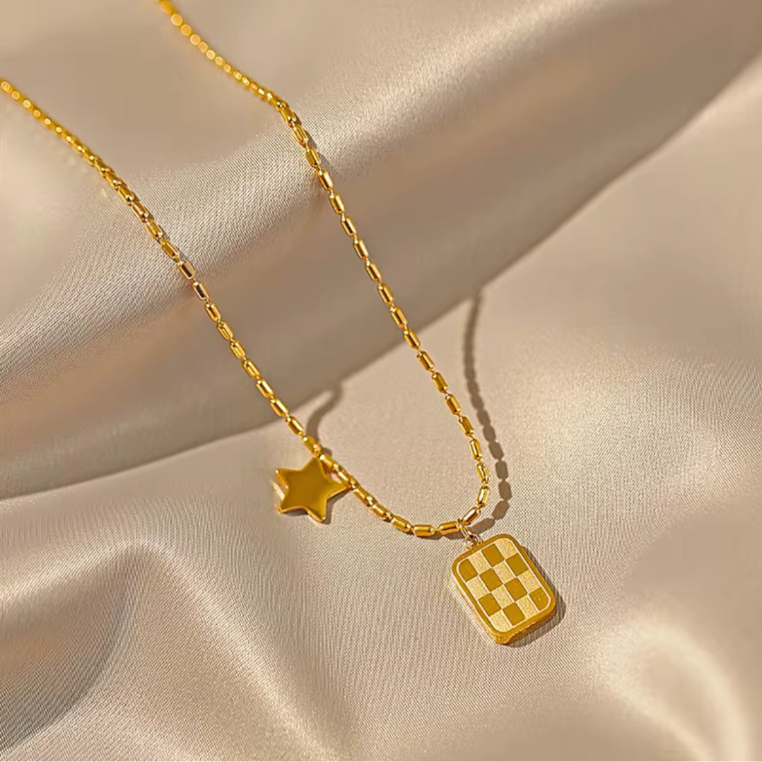 Golden Celestial Check Duo Necklace