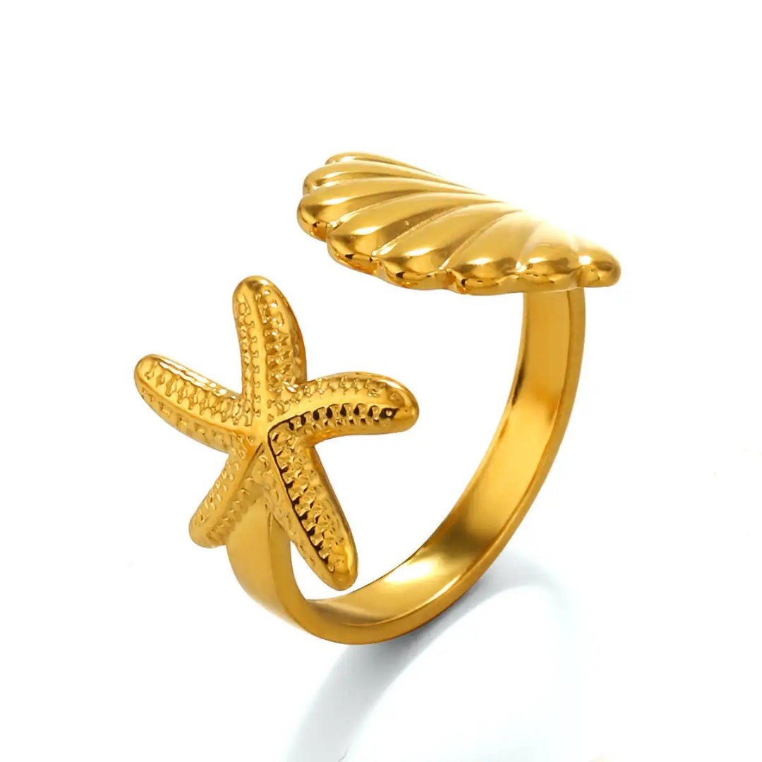 Golden Seashell & Starfish Adjustable Ring