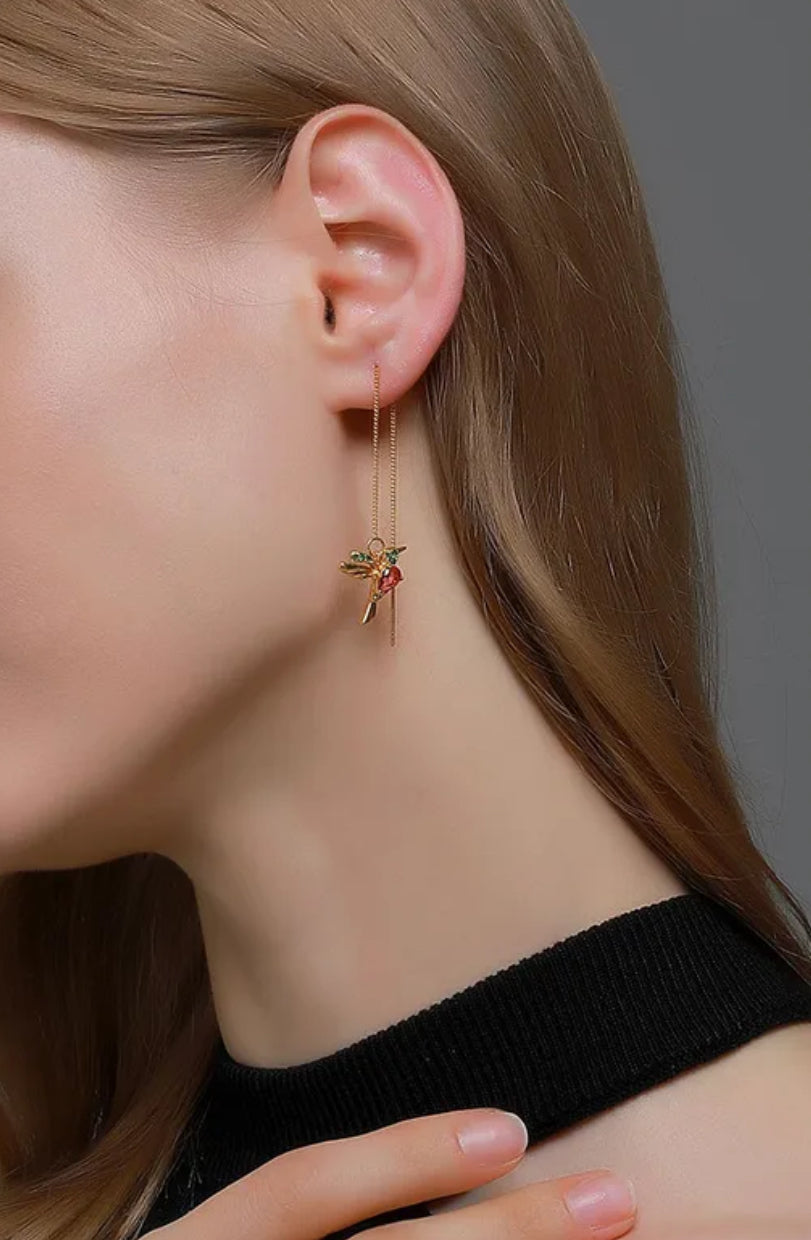 Golden Hummingbird Threader Earrings