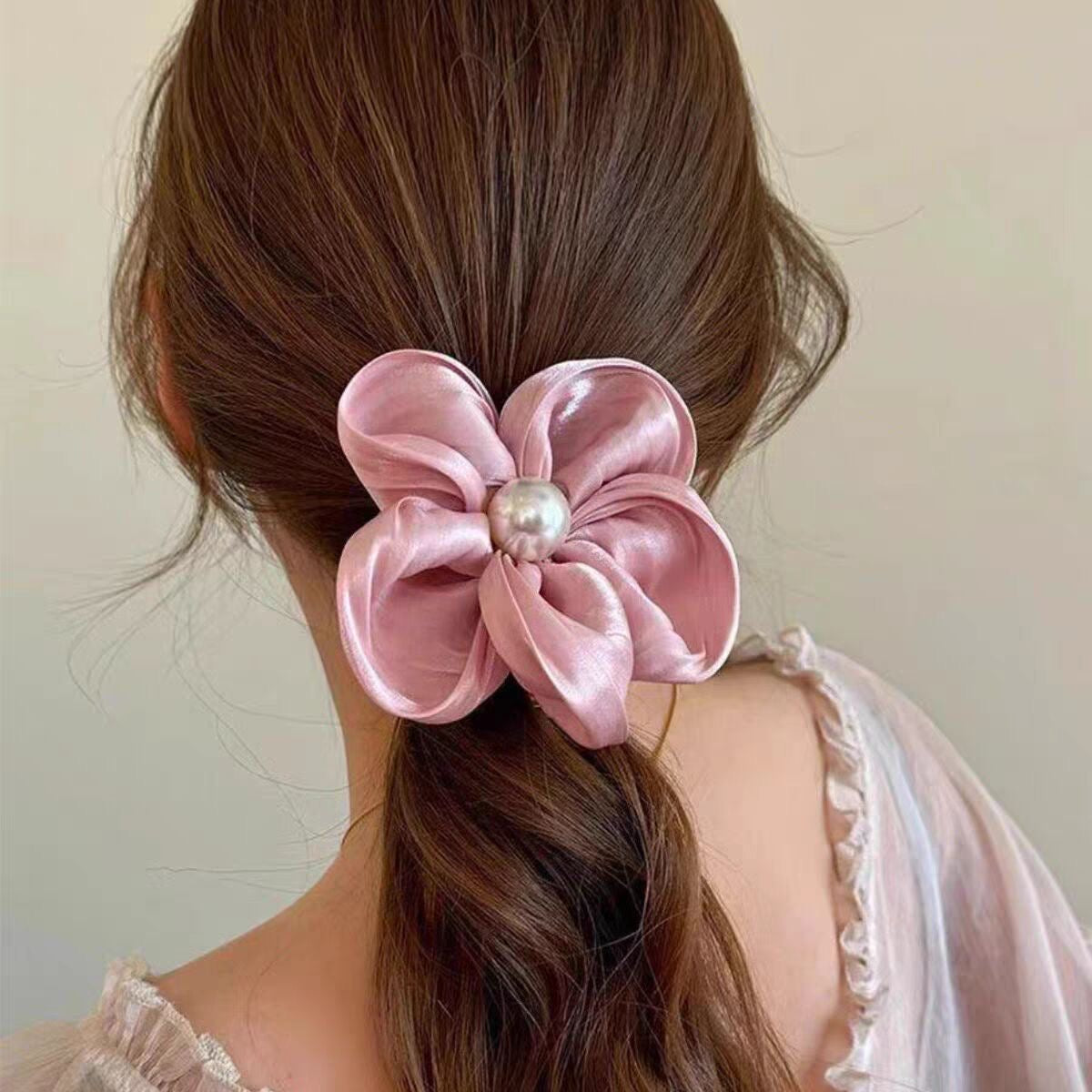 Frosted Pink Flower Scrunchie