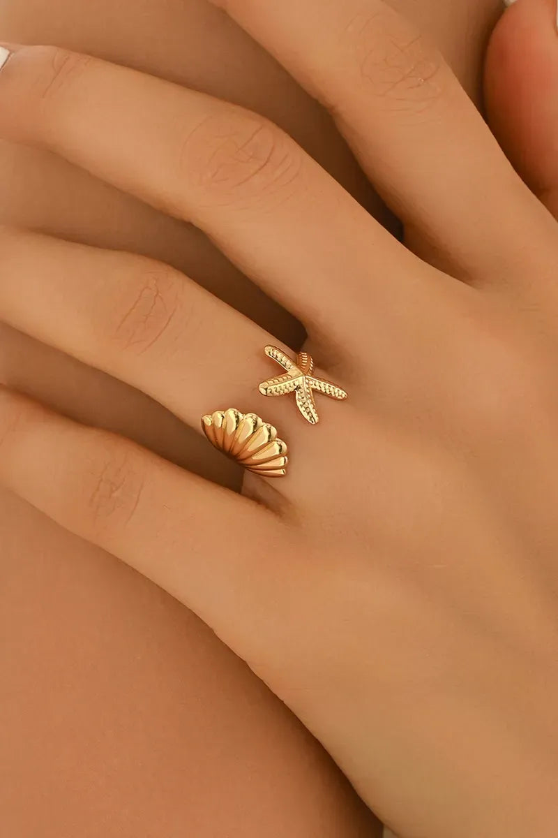 Golden Seashell & Starfish Adjustable Ring