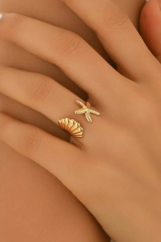 Golden Seashell & Starfish Adjustable Ring