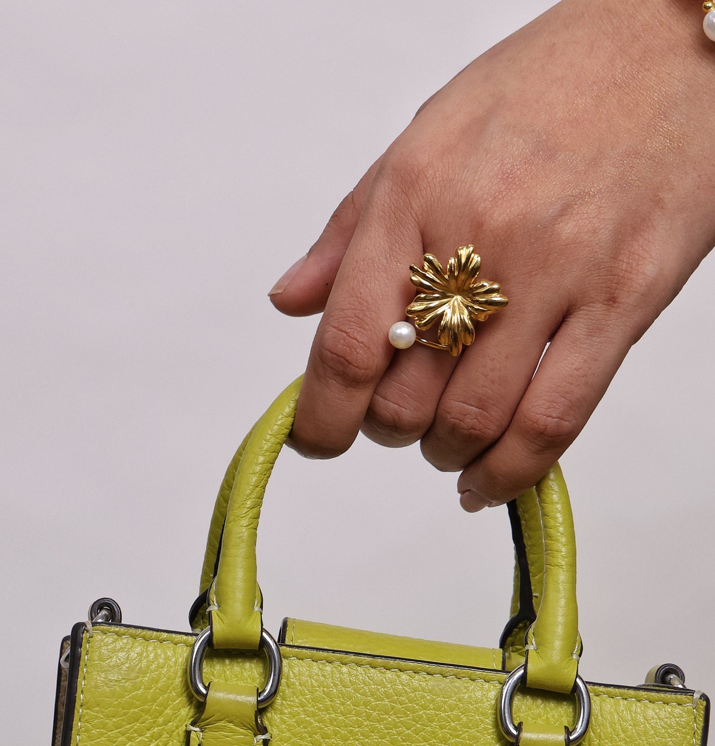 Gold Lily and Pearl Statement ring