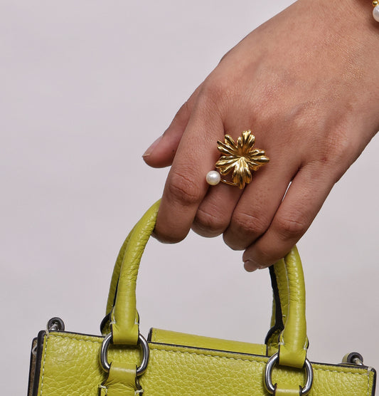 Gold Lily and Pearl Statement ring